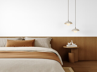 Minimalist Bedroom Right Side PNG with Hanging Pendant Lights and Nightstand Decor Isolated on Transparent Background with Floor Shadow – Transparent Wall Mockup with Realistic Shadows – 3D render