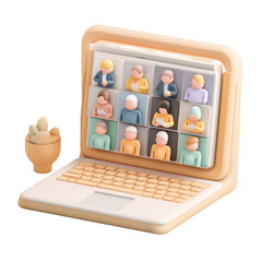 Digital workspace illustration featuring characters in virtual meeting and a bowl of snacks, showcasing remote collaboration and teamwork