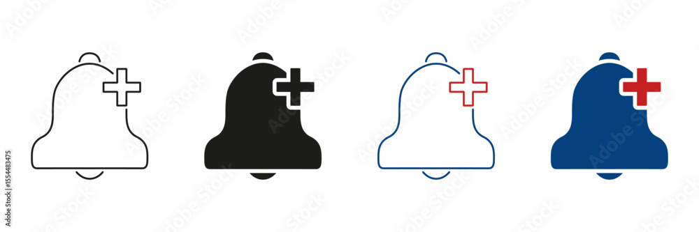 Poster notification bell with plus sign line and solid icon set. alert addition, new notification, and remi