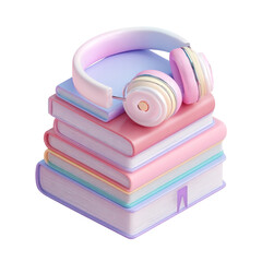 Colorful stack of books with headphones on top, representing study, music, and education in a creative design setting