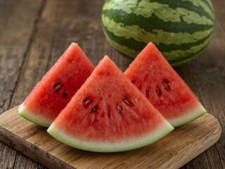 Slices of fresh watermelon on the rustic wooden table. Summer food concept. Ai Generative.