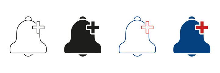 Notification Bell With Plus Sign Line And Solid Icon Set. Alert Addition, New Notification, And Reminder Symbol Collection. Enhance User Engagement And Interaction. Isolated Vector Illustration
