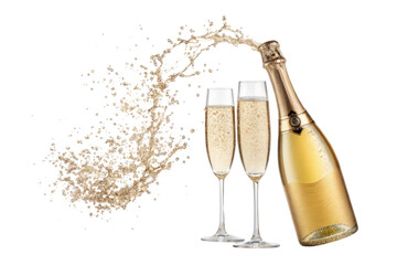 Champagne bottle splashing into two full glasses of bubbly wine isolated on transparent background