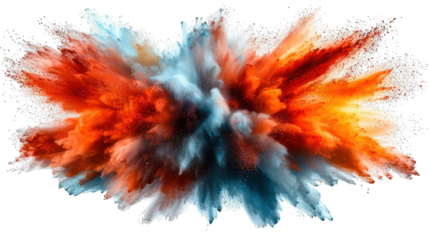 Abstract explosion of vibrant, multicolored powder.  A chaotic burst of orange, red, blue, and white particles