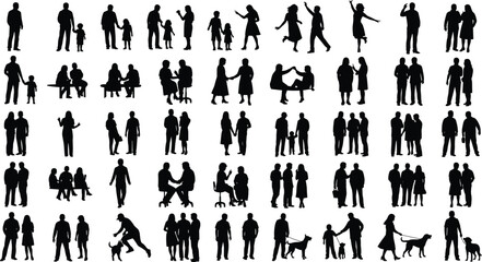 Silhouette of people walking, dancing, talking, playing, family, children, couples, pet lovers, community lifestyle, friends bonding, casual interaction, city park background