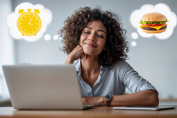Woman in office dreams of a hamburger for lunch. Office work and lunch break concept. Lifestyle portrait for poster, social media, design	