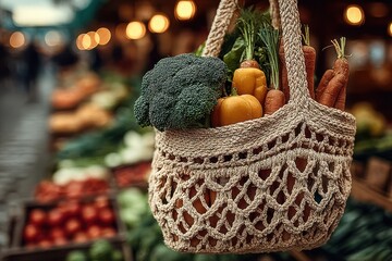 A sustainable family shopping trip with a reusable bag filled with fresh vegetables. A diverse selection of colorful produce for a healthy lifestyle.