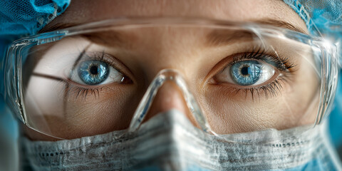 Extreme close-up, portrait of a beautiful female medical professional with blue eyes, blue surgical mask and plastic safety glasses while looking at camera. Generative Ai.