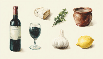 Naklejka premium A set of Mediterranean food and wine, Mediterranean art