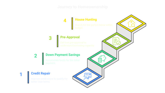 Visual steps outline a journey to homeownership with stages like credit repair and house hunting process in bright colors.