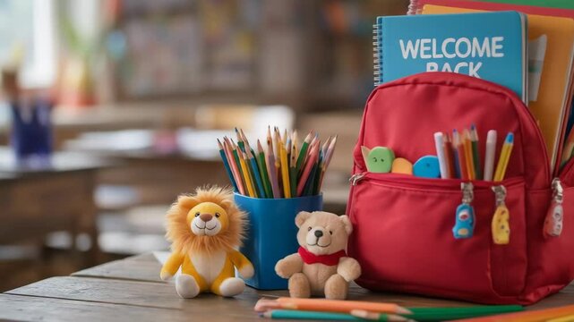 Back to school supplies in a red backpack on a wooden table in a classroom setting