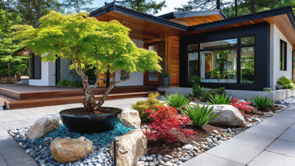 Fototapeta premium Modern house with wooden accents and vibrant front yard landscaping featuring decorative rocks, potted tree, colorful shrubs and clean architectural lines.