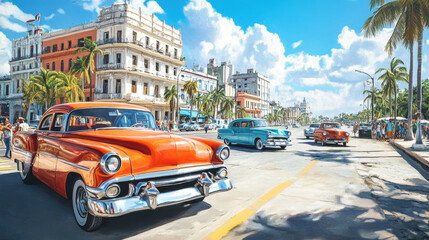 Old cars cruising a sunny Cuban city street featuring vibrant colors and classic architecture