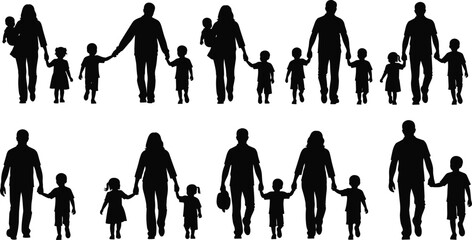 Silhouettes of diverse family groups with children, parenting, holding hands, togetherness, mother, father, baby, siblings, care, bonding, love, support, unity, lifestyle