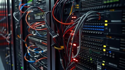 network patch cords and connectors connected to server equipment in a data center, IT industry telecommunications services connections - Powered by Adobe