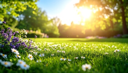 Sun-drenched meadow with wildflowers and daisies, a serene landscape evoking peace and the beauty of nature's simple pleasures.