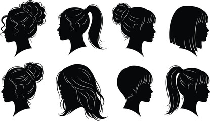 Silhouettes of diverse women with various hairstyles in profile view, elegant haircuts, beauty concept, feminine style, ponytails, buns, waves, bangs, fashion illustration