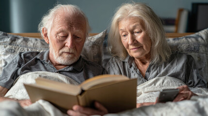Elderly couple reading together in bed, man holding book, woman with smartphone, sharing peaceful moment of love, aging and lifelong companionship.