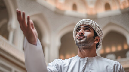 Young Middle Eastern man in traditional attire raises hand in prayer inside ornate mosque, captured from a low angle emphasizing reverence and architectural beauty.