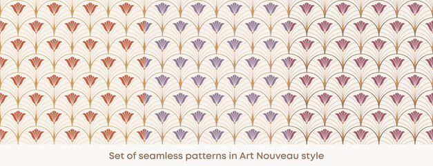 Set of seamless patterns in Art Nouveau style. For wallpaper, textile, packaging. Vector illustration