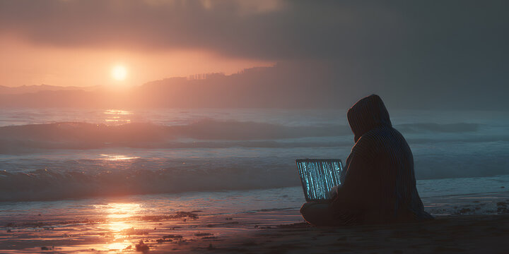 Silhouette of a person on the beach with a laptop at sunset creates mystery