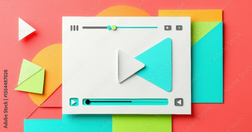 Aufkleber play button dominates composition. colorful geometric shapes surround video player interface. modern