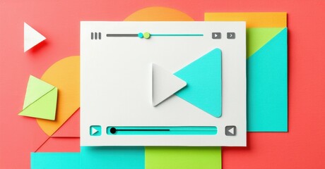 Play button dominates composition. Colorful geometric shapes surround video player interface. Modern design, flat illustration style.