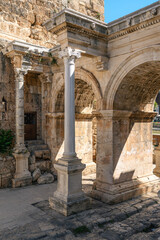 Hadrian Gate, also known as the Uc Kapilar, at the entrance to Antalya Old Town or Kaleici on a sunny day