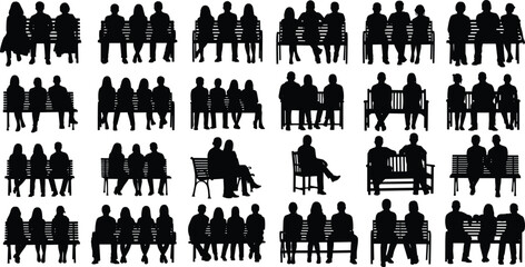 Silhouettes of people sitting on benches, talking, alone, in groups, casual poses, outdoor scene, social interaction, relaxation, friends, couples, individuals, minimal style