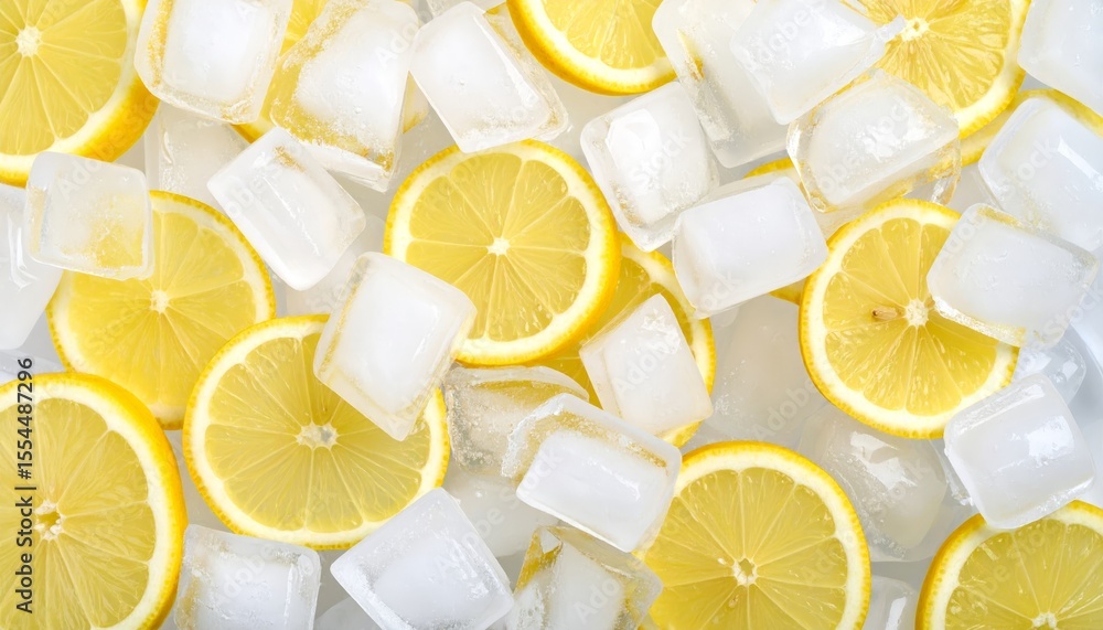 Poster closeup of refreshing lemon slices and sparkling ice cubes, a summer delight refreshing