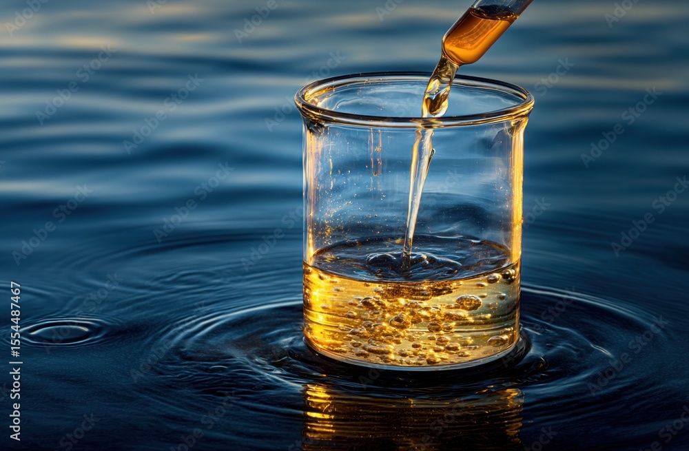 Poster scientific precision: golden liquid flows into a beaker, creating mesmerizing ripples on a calm wate