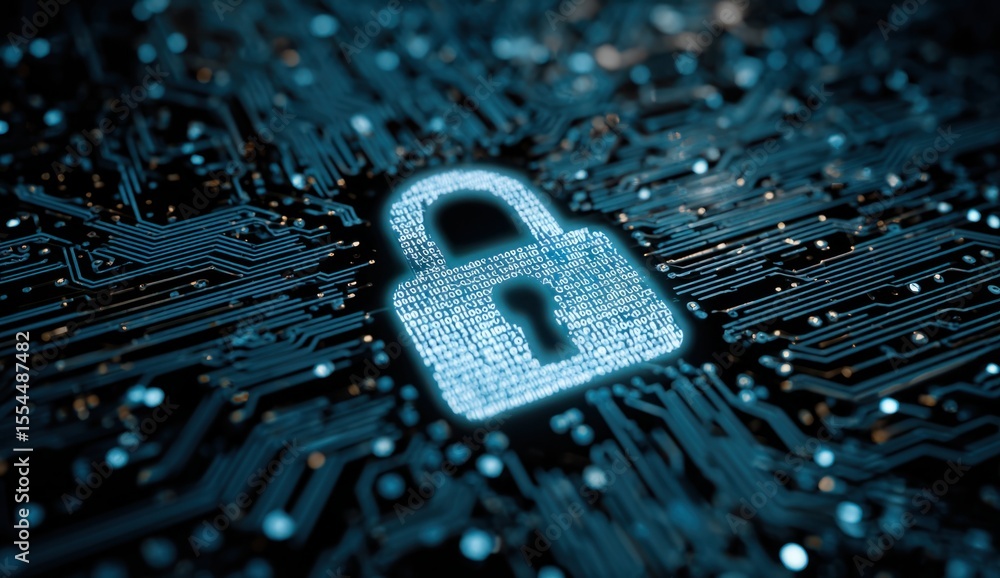 Poster secure digital future: binary padlock glows on a modern electronic circuit board
