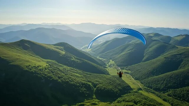 Blue paraglider sails high above verdant mountain landscape, drifting peacefully over valleys and hills in a sweeping aerial view.