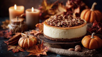 Homemade pecan cheesecake surrounded by autumn leaves, pumpkins and candles, capturing the cozy essence of fall dessert and seasonal celebration.