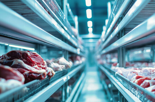 Close-up view of raw pork and lamb in a meat processing factory showcasing fresh cuts on metal shelves