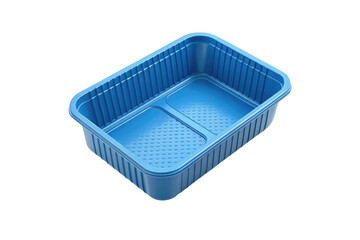 Blue plastic food container with ribbed sides and textured base isolated on transparent background