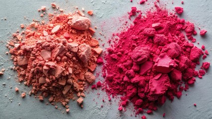 Fototapeta premium Crushed Makeup Powder in Coral and Bright Pink Shades on a Light Gray Background