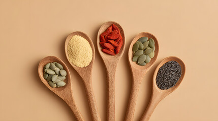 Spoons filled with superfoods like seeds and berries offer a healthy diet