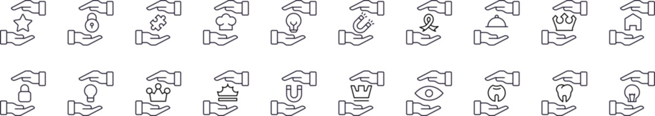 Present, Charity, Gift Related Simple Icon Set. Contains Icons of Crown, Tooth, Magnet, Lightbulb between Hands for Graphic Design, Web Sites, Cards, Books, Articles