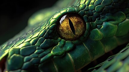 Fototapeta premium Extreme close-up of a venomous green snake's vibrant yellow eye.