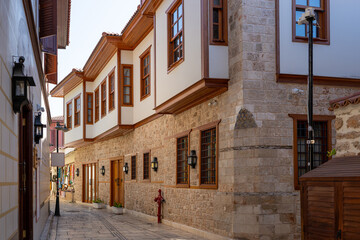 Old Ottoman houses in the narrow streets of Antalya Old Town Kaleici district