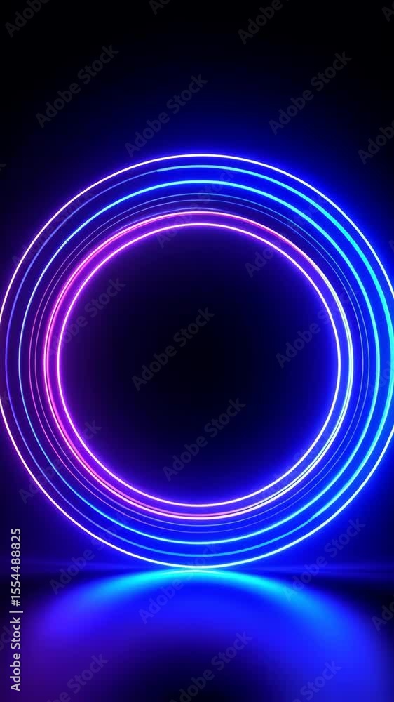 Poster neon circles shimmering with vivid blue light, reflected on a dark surface creating abstract futuris
