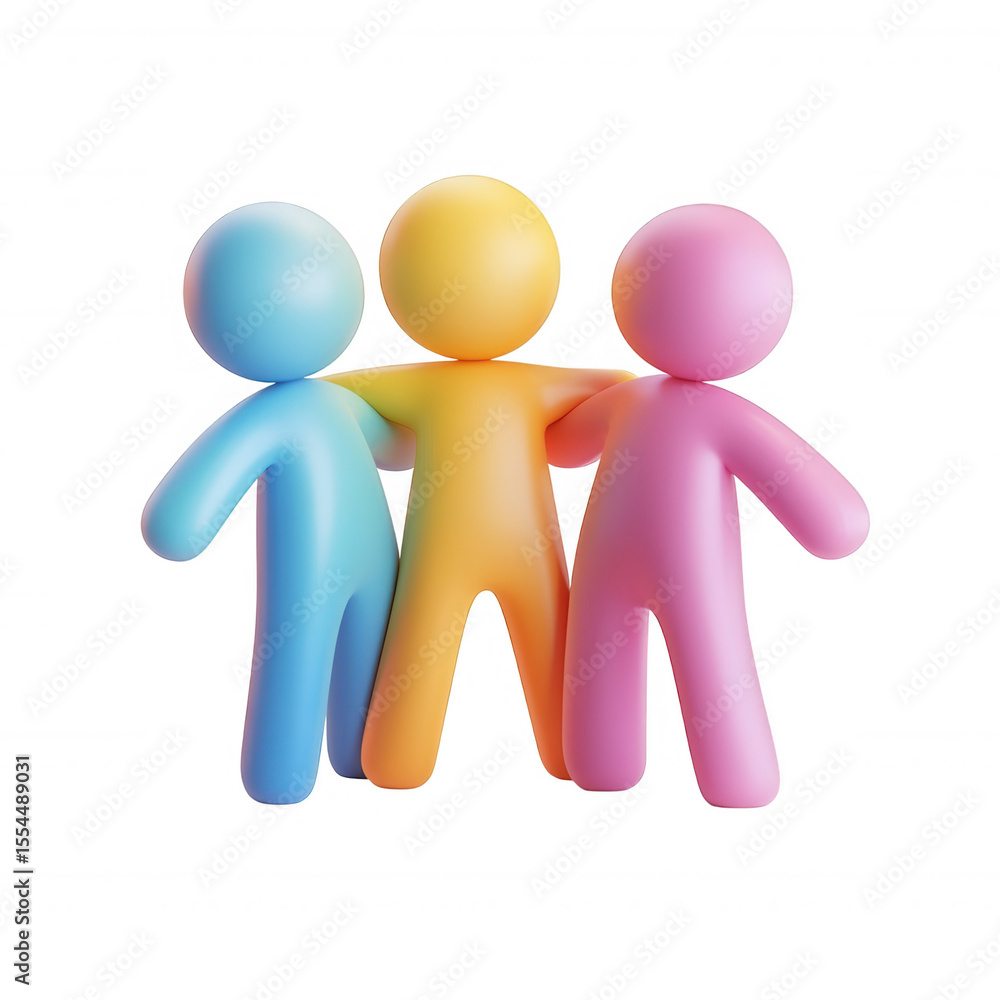 Poster 3d icon three colorful 3d human figures holding hands symbolize unity and teamwork against a transpa