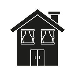 House With Curtains Solid Icon. Residential Building, Home Comfort, And Privacy Silhouette Symbol. Architectural Design And Living Space Representation. Isolated Vector Illustration
