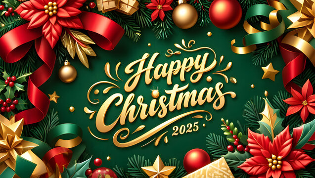 Festive Golden Happy Christmas 2025 Greeting with Red Poinsettias and Green Fir Branches