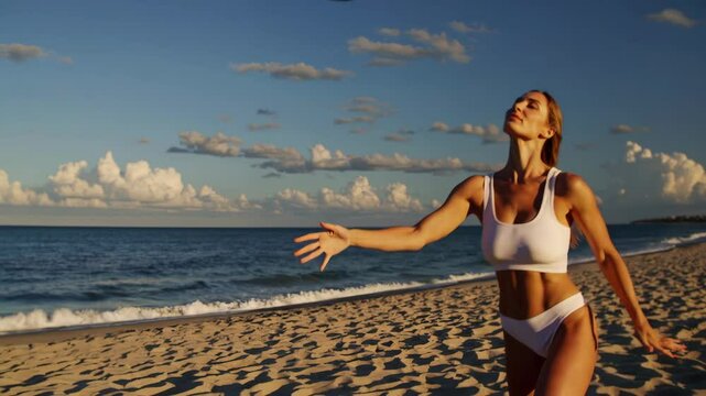 woman with long blonde hair. Fuller figure. Sharp chin. volley ball on beach