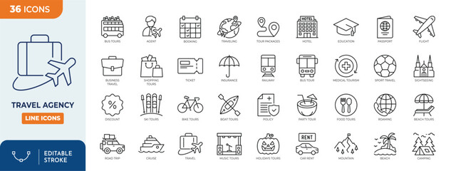 Travel agency line editable icon set. Containing traveling, tourism, booking, different tours, visa assistance, insurance, and more. Editable stroke. Vector illustration