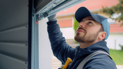 Technician inspecting and repairing a garage door mechanism, wearing uniform and cap, demonstrating professional maintenance service at residential property.