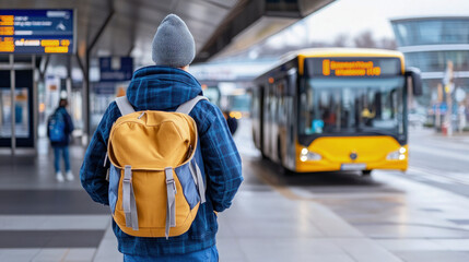 Traveler with yellow backpack waiting at urban bus terminal on a cold day, facing an approaching yellow city bus under a modern covered station. Selective focus.