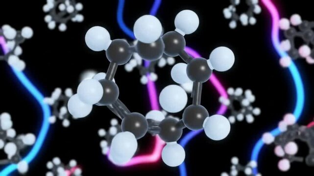 Molecular Structure 3D Model of Benzene Rings and Neon Lights